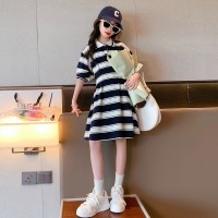 原版布料、工艺）女童连衣裙夏装新款polo领中大童条纹显收腰裙子