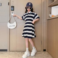原版布料、工艺）女童连衣裙夏装新款polo领中大童条纹显收腰裙子
