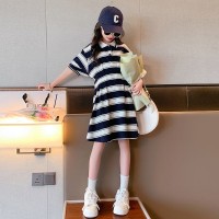 原版布料、工艺）女童连衣裙夏装新款polo领中大童条纹显收腰裙子