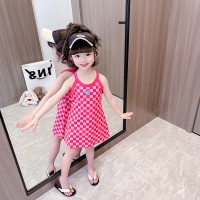 童装2024夏装休闲新款女童笑脸印花格子洋气吊带背心裙夏季连衣裙