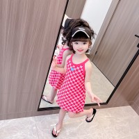 童装2024夏装休闲新款女童笑脸印花格子洋气吊带背心裙夏季连衣裙