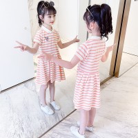 女童学院风裙子短袖洋气2024新款夏装女孩夏季网红儿童条纹连衣裙