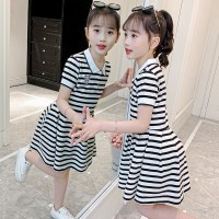 女童学院风裙子短袖洋气2024新款夏装女孩夏季网红儿童条纹连衣裙