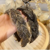 防滑水钻重工宽边麻花辫发箍女高炉顶发卡盘发欧根纱高级感发卡头