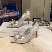 灰姑娘水晶鞋细跟尖头浅口单鞋水钻大码新娘鞋43码高跟结婚鞋女