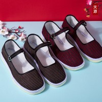 牛筋底老北京手工上线棉布鞋女士格子布复古文艺浅口平底工作鞋子