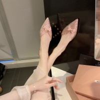 新款夏季时尚蝴蝶结气质满钻尖头平底包头凉拖鞋女