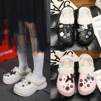 加绒洞洞鞋女秋冬季可爱包头包跟毛毛内胆保暖防滑软底棉拖鞋外穿