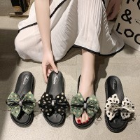 新款拖鞋女夏外穿厚高跟小粹花蝶结韩版INS居家时尚一字平底潮鞋