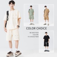 Q夏季男潮流宽松服潮学生短袖T恤套装运动服套装五分袖两件套