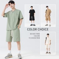 Q夏季男潮流宽松服潮学生短袖T恤套装运动服套装五分袖两件套