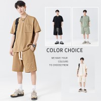 Q夏季男潮流宽松服潮学生短袖T恤套装运动服套装五分袖两件套