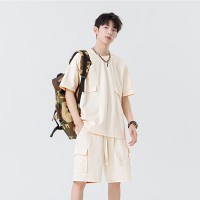 Q夏季男潮流宽松服潮学生短袖T恤套装运动服套装五分袖两件套