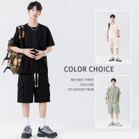 Q夏季男潮流宽松服潮学生短袖T恤套装运动服套装五分袖两件套