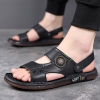 夏季乳胶垫真皮男士凉鞋牛筋底沙滩鞋防滑皮凉鞋厚底透气凉拖两用