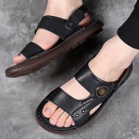 夏季乳胶垫真皮男士凉鞋牛筋底沙滩鞋防滑皮凉鞋厚底透气凉拖两用