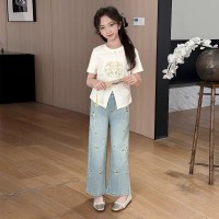 女童T恤2024新款儿童短袖上衣风刺绣春夏装中大童洋气打底衣