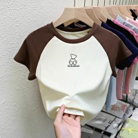 纯棉童装T恤女上衣插色圆领韩版夏季插色中大童短袖