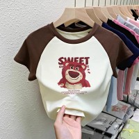 纯棉T恤女童装中大童卡通女童上衣插色拼接打底衫夏