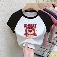 纯棉T恤女童装中大童卡通女童上衣插色拼接打底衫夏
