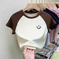 纯棉T恤女童装中大童卡通女童上衣插色拼接打底衫夏