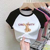 纯棉T恤女童装中大童卡通女童上衣插色拼接打底衫夏