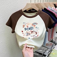 纯棉T恤女童装中大童卡通女童上衣插色拼接打底衫夏