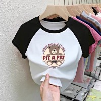 纯棉T恤女童装中大童卡通女童上衣插色拼接打底衫夏