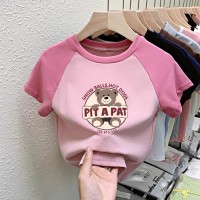 纯棉T恤女童装中大童卡通女童上衣插色拼接打底衫夏