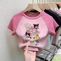 纯棉T恤女童装中大童卡通女童上衣插色拼接打底衫夏