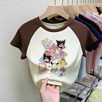 纯棉T恤女童装中大童卡通女童上衣插色拼接打底衫夏