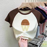 纯棉T恤女童装中大童卡通女童上衣插色拼接打底衫夏