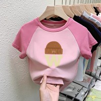 纯棉T恤女童装中大童卡通女童上衣插色拼接打底衫夏