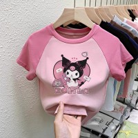 纯棉T恤女童装中大童卡通女童上衣插色拼接打底衫夏