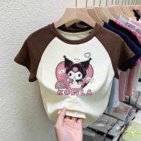 纯棉T恤女童装中大童卡通女童上衣插色拼接打底衫夏