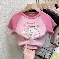 纯棉T恤女童装中大童卡通女童上衣插色拼接打底衫夏