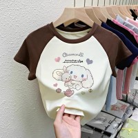 纯棉T恤女童装中大童卡通女童上衣插色拼接打底衫夏