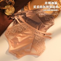 浪漫蕾丝丝绸新养护裤光面冰丝性感3条装女士内裤高弹无痕三角裤