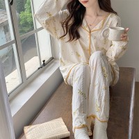 春秋款纯棉睡衣女长袖长裤2024秋季红提花黄花家居服套装