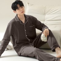 俞兆林春秋新款纯棉男士翻领纯色时尚休闲睡衣家居套装上衣裤子