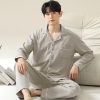 俞兆林春秋新款纯棉男士翻领纯色时尚休闲睡衣家居套装上衣裤子