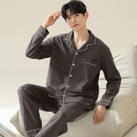 俞兆林春秋新款纯棉男士翻领纯色时尚休闲睡衣家居套装上衣裤子