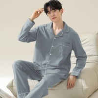 俞兆林春秋新款纯棉男士翻领纯色时尚休闲睡衣家居套装上衣裤子