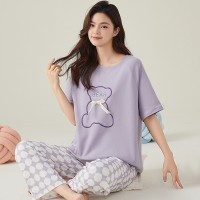2024年纯棉薄款套头睡衣女夏季短袖长裤可外穿女士家居服新款