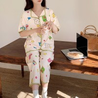2024夏季棉质小翻领带胸垫睡衣女短袖七分裤可外穿女士家居服