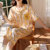 2024夏季棉质小翻领带胸垫睡衣女短袖七分裤可外穿女士家居服