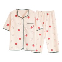 2024夏季棉质小翻领带胸垫睡衣女短袖七分裤可外穿女士家居服