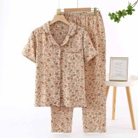 中老年妈妈短袖长裤翻领睡衣家居服套装复古碎花开衫透气