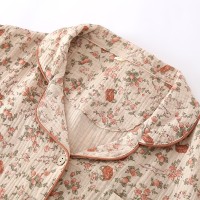 中老年妈妈短袖长裤翻领睡衣家居服套装复古碎花开衫透气