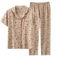 中老年妈妈短袖长裤翻领睡衣家居服套装复古碎花开衫透气